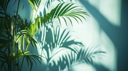 Fototapeta premium A large leafy plant casts a shadow on a wall