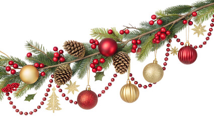 Festive Christmas garland with red and gold ornaments pine cones and berries