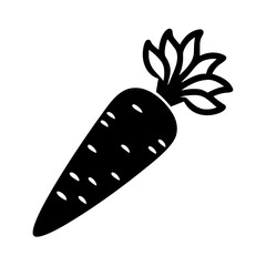 Stylized black and white carrot illustration with leafy greens on top and small markings