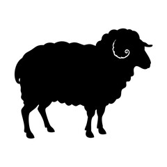 A bold silhouette of a ram standing against a clean white background