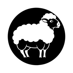 Monochrome illustration of a sheep inside a circle, presented in black and white