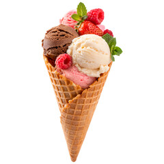 Triple Scoop Ice Cream Cone with Berries and Mint. Isolated on Transparent Background PNG