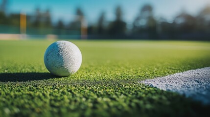 Naklejka premium A close-up of a textured white hockey ball resting on vibrant green artificial turf, showcasing a bright sunny day.