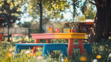 Colorful outdoor kids' table and bench set in a garden