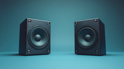 Fototapeta premium Two black cube speakers on teal background.
