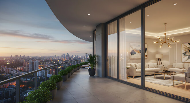 Luxury Condo Balcony View At Sunset Overlooking City With Modern Interiors