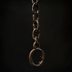 Obraz premium A close-up of an old, rusted chain featuring a circular link, suspended against a dark background.