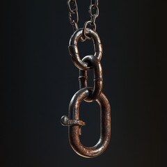 A close-up of a vintage metal chain link against a dark background, showcasing its texture and intricate details.
