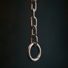 Close-up of an old, rusted metal chain hanging against a dark background, showcasing its textures and imperfections.