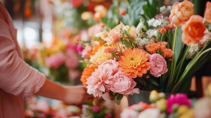 Woman arranging a bouquet of vibrant orange and pink flowers.