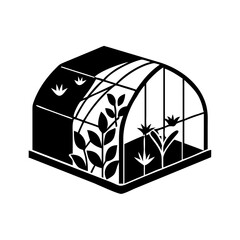 Isometric black and white greenhouse icon with growing plants inside structure