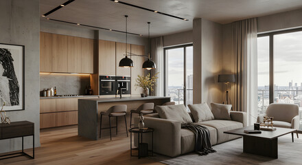 Spacious Apartment Interior With Stylish Kitchen And City View