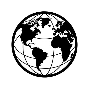 Black and white illustration of world globe displaying continents and gridlines