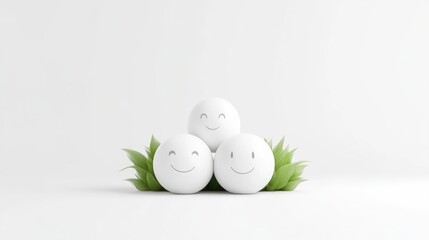 Three happy faces nestled in grass