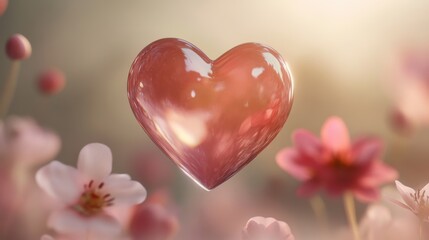 Obraz premium A delicate floating heart with a subtle glow in a soft focus background, romance, flowers, romance, flowers, mystical, ethereal