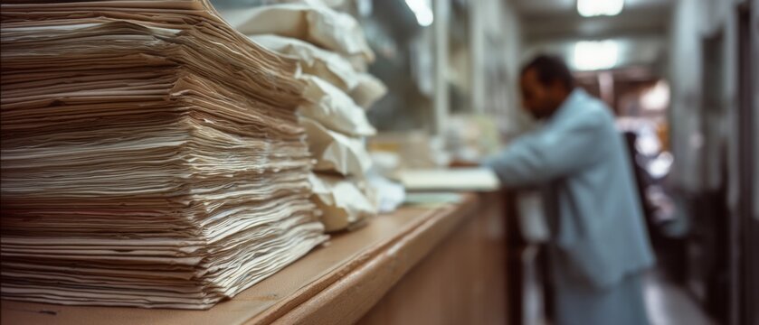 An office corridor filled with towering piles of documents, suggesting a narrative of persistent labor and organizational endurance.