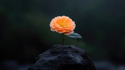 Single vibrant orange rose atop a dark rock