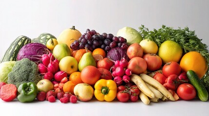 Vibrant Array of Fresh Fruits and Vegetables on a White Background