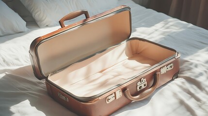 Open vintage suitcase placed on a white bed in a brightly lit room
