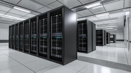Naklejka premium Clean, modern server room with black racks and white tiled floor under bright lighting, suitable for illustrating cloud storage, enterprise IT, or data center operations
