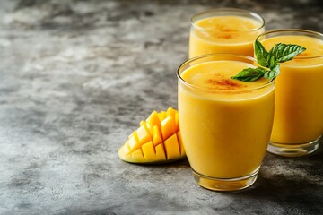 Mango Smoothie Glasses with Basil Garnish on Concrete Texture Background Food Still Life