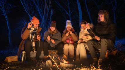 Friends sitting around a campfire in the woods on a winter evening