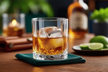 Luxurious clear whiskey glass mockup for logo design stylish bar setting high-quality image