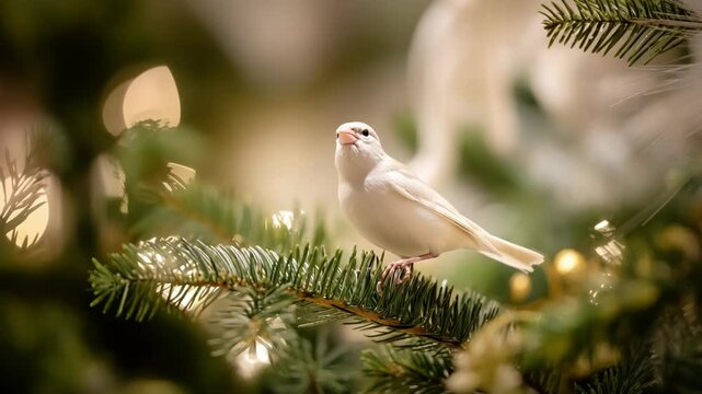 Delicate white Java sparrow perched on a fir branch, surrounded by bokeh lights creating soft, festive, magical atmosphere during winter holiday.