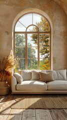 Beige living room with large window