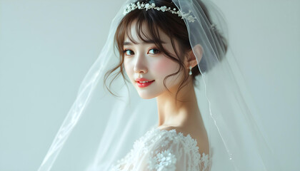 ファンタジーストーリー（透明感あるベールで輝くウェディングドレスの女性）