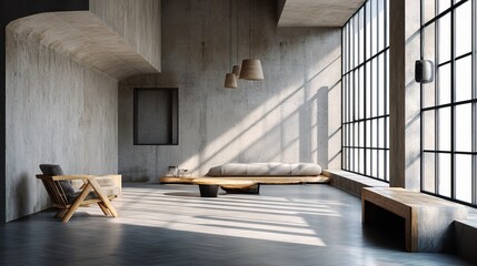 Obraz premium Modern Minimalist Interior with Natural Light and Concrete Walls