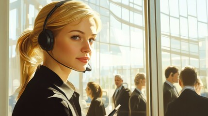 Blond female customer service representative is consulting clients online using headset in sunny office. Call center concept