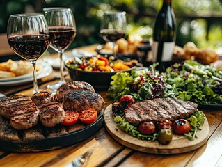 Delicious grilled steak served with fresh salad, roasted vegetables, and wine on a rustic outdoor dining table in a scenic garden. Perfect summer meal and festive celebration atmosphere.
