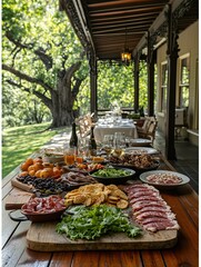 Delicious grilled steak served with fresh salad, roasted vegetables, and wine on a rustic outdoor dining table in a scenic garden. Perfect summer meal and festive celebration atmosphere.