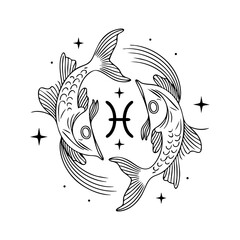 Fototapeta premium Pisces Zodiac Symbol with Circular Twin Fish and Stars – Mystical Line Art
