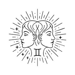 Gemini Zodiac Symbol with Twin Faces and Radiant Stars – Mystical Line Art