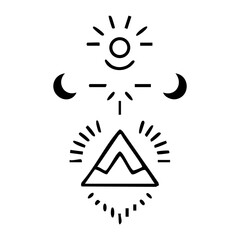 Abstract Mountain with Sun and Moon Phases – Minimal Celestial Line Art