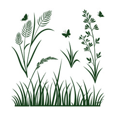 Fototapeta premium Dark green grass and plants illustration with butterflies