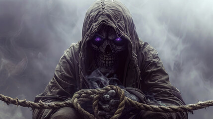 Kneeling half-human, half-skeleton with a black cloak and purple eyes, wrapped in rope, the entire image in focus, best quality, realistic photo, expressive colors, great details.