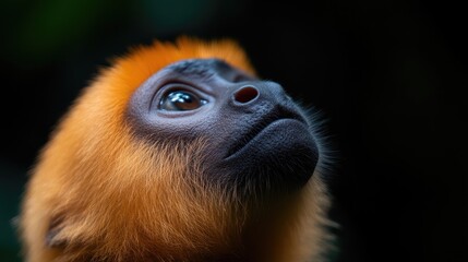 Fototapeta premium Close-up of a young primate with vibrant orange fur, looking upward
