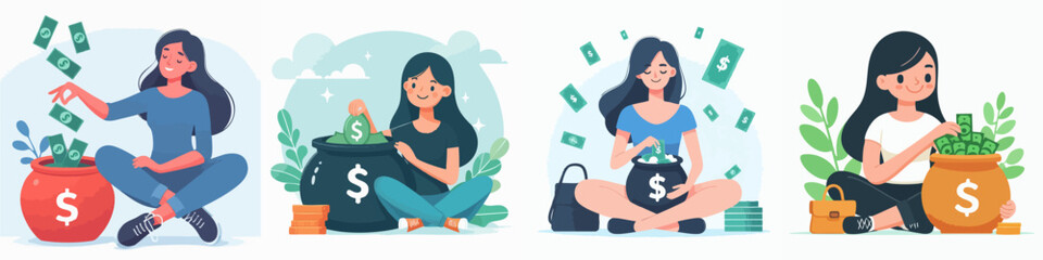 a woman harvesting investment results style vector flat design