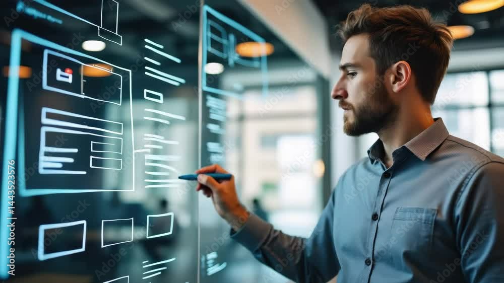 Poster a focused man interacts with a digital interface, illustrating design concepts and data on a transpa