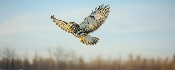 Fototapeta premium Short eared owl gracefully soars through the clear morning sky