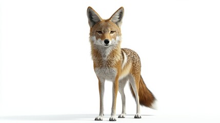 Fototapeta premium A coyote standing alert with its ears raised, isolated on white background.