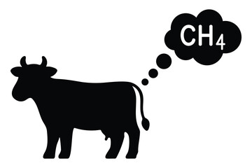 Cow methane emissions vector illustration. Livestock gas CH4 pollution symbol causing climate change and global warming. Black silhouette isolated on white background.