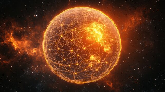 A digital rendering shows a planet Earth-like celestial body at sunrise or sunset, with a network of interconnected nodes glowing orange over its surface, all set against a backdrop of stars and fier
