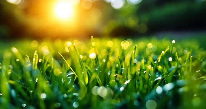 Close-up of dew drops on grass in the morning sunlight.