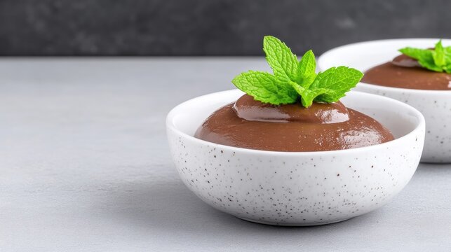 Two bowls of rich, dark chocolate pudding, topped with fresh mint leaves