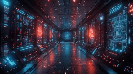 Futuristic Spaceship Corridor: Neon Lights and Digital Interfaces