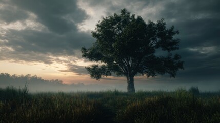 Fototapeta premium Solitary Tree in Misty Meadow: A Serene, Dramatic Landscape